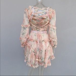 ROSE WATER FLORAL CHIFFON RUFFLE DRESS